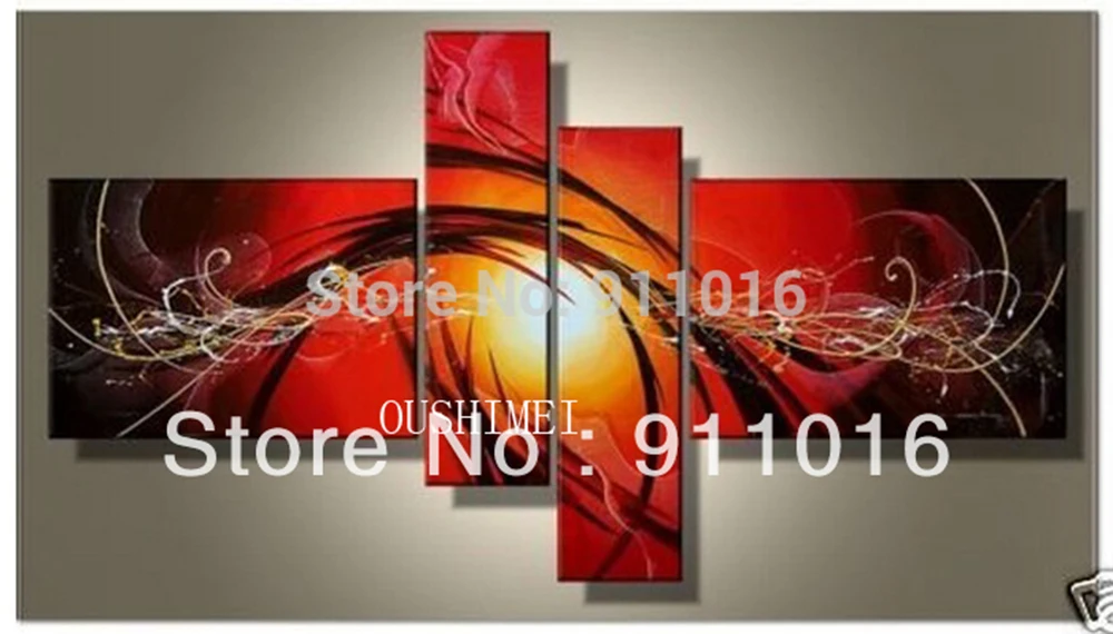 100% Hand Painted Dance Sun Bright Red Lines Abstract Landscape Wall Home Decor Oil Painting On Canvas 4pcs/set Mixorde NoFramed