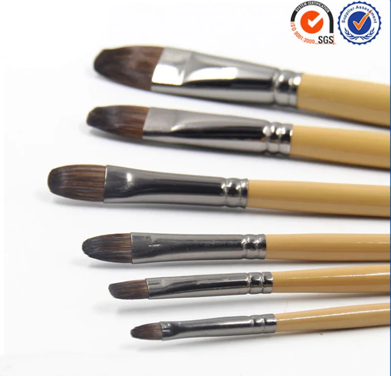 6pcs/Set squirrel hair Birch rod oil painting brush Hazel shape pen High Quality Bright chrome metal Professional Art Supplies