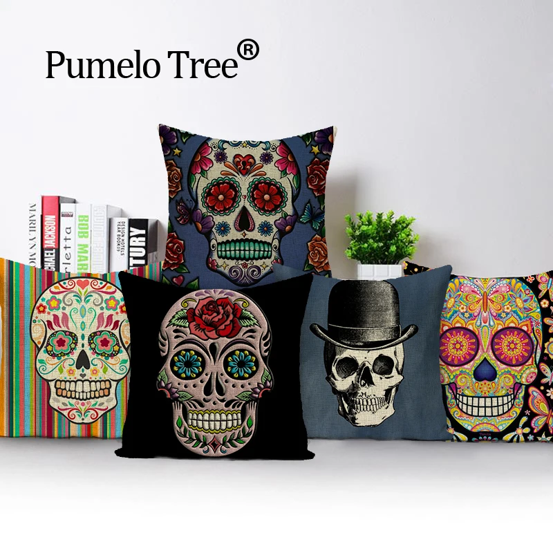 Colorful Square Pillow Cover Sugar Skull Decor Living Room Customized Cushion Polyester Print Car Seat Cover Custom Cushion Cove