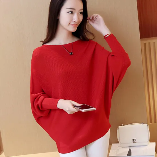 Adult Knitted Sweaters Long Sleeve Slash Collar Sweater Women's Sleeves Bat Sleeve Loose Knitting Pullover Jumper Sweater B-9295