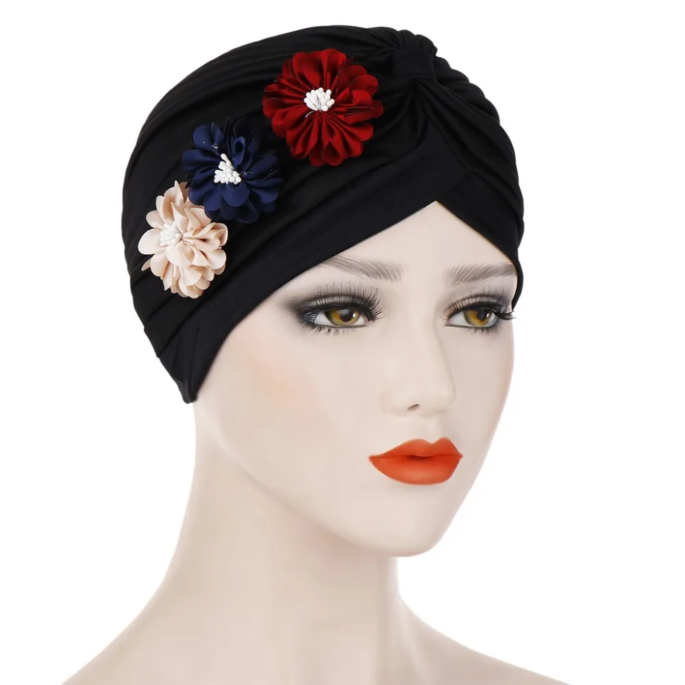 Muslim Women Ruffle Three Flowers Turban Hat Headwrap Cancer Chemo Beanies Bonnet Cap Headwear Hair Loss Accessories