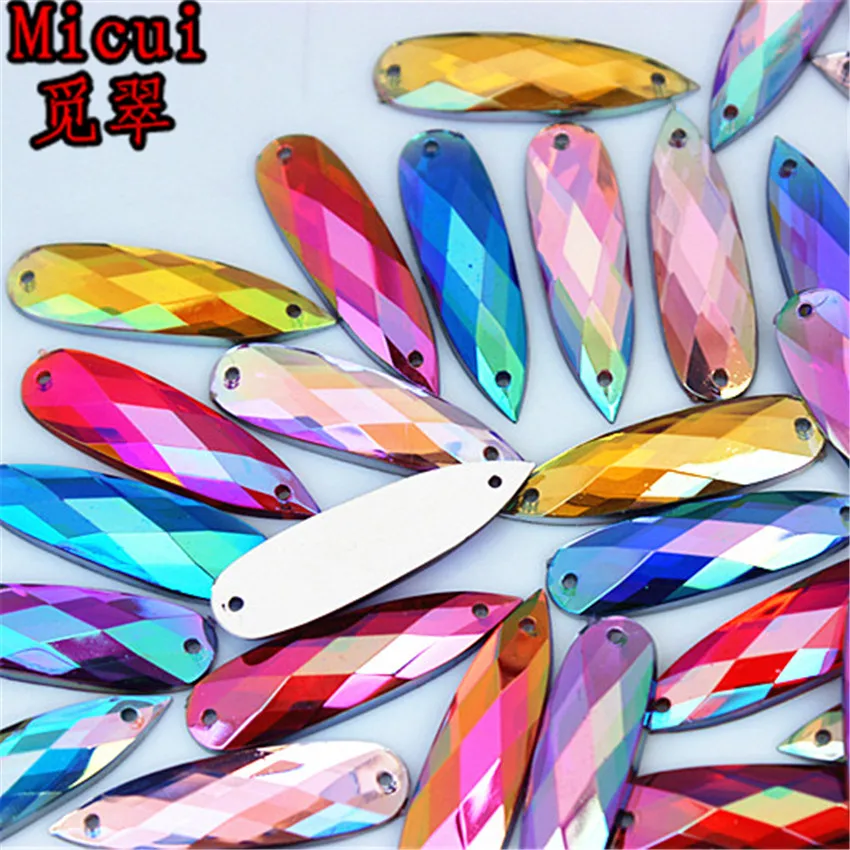 Micui 200pcs 8*28mm AB Crystal Drop Acrylic Rhinestone Applique Sewing Stones Flatback Strass for DIY Wedding Dress ZZ436