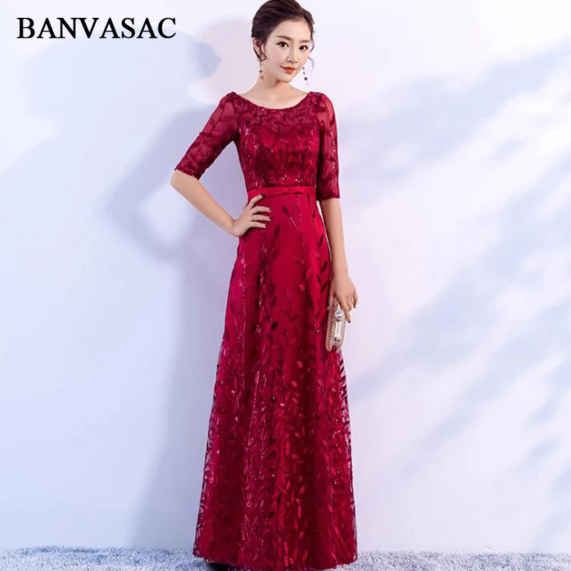 BANVASAC O Neck Sequined Leaf Long Evening Dresses Party A Line Bow Sash Lace Half Sleeve Backless Prom Gowns