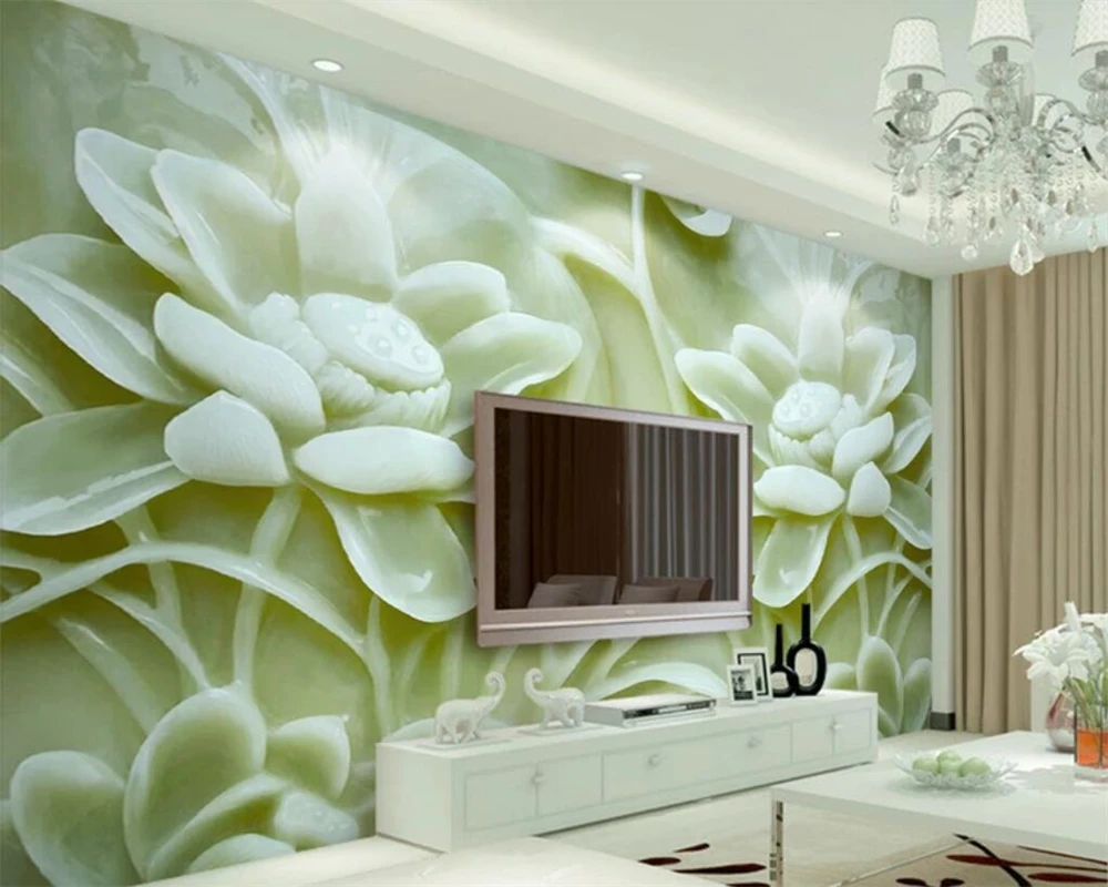 

Beibehang wallpaper modern three-dimensional jade carving lotus TV background wall living room bedroom decoration 3d wallpaper