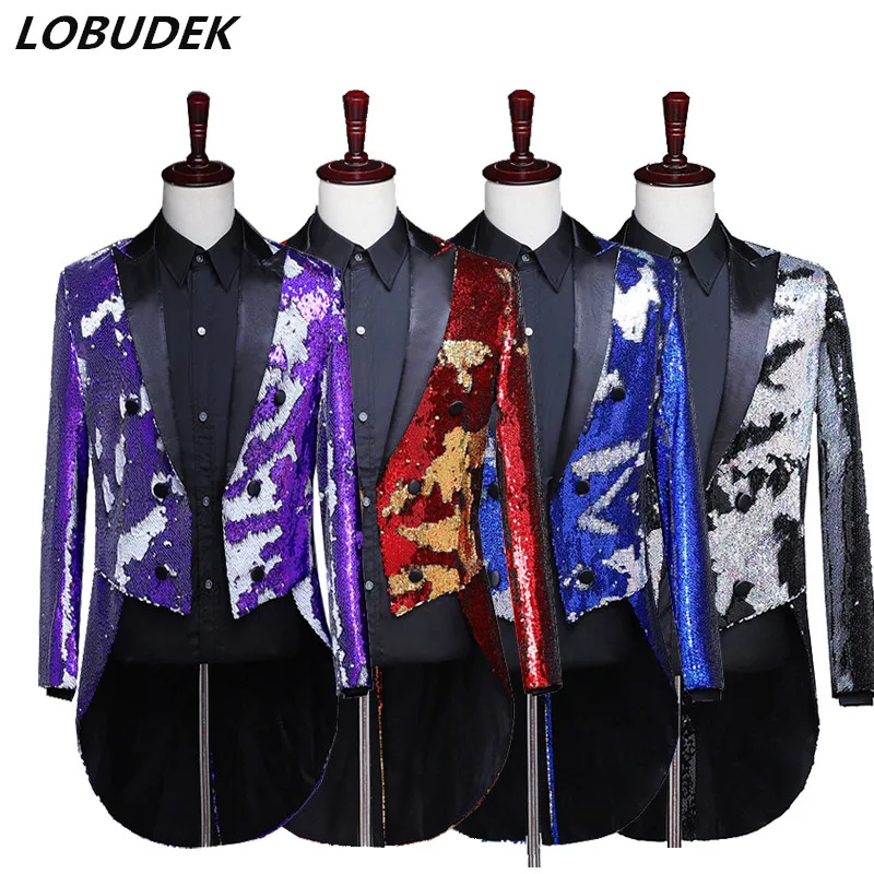 

Male Double Sided Color Flipping Sequins Tailcoat Suit Jackets Prom Formal Host Stage performance Tuxedo Magician Chorus Costume