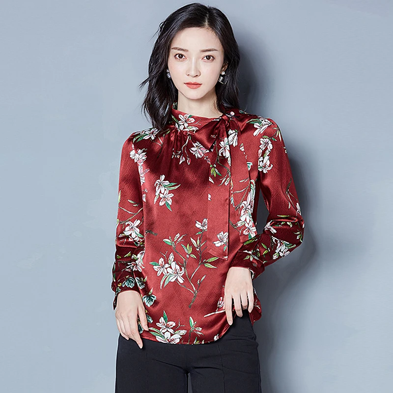 100% Sutra Blus Wanita Pullover Kemeja Dicetak Desain Vintage Lengan Panjang Kantor Work Top Elegan Gaya Baru Fashion 2017