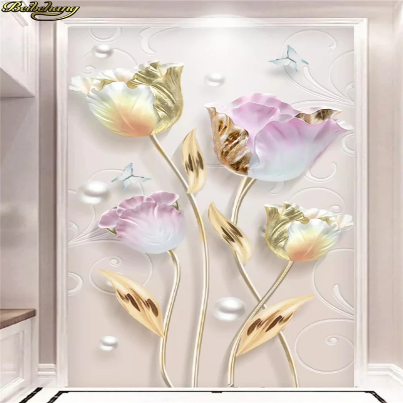 

beibehang Custom wallpaper murals Modern Simple Emboss New Chinese Tulip Three-dimensional jewelry Entrance wall papel de parede