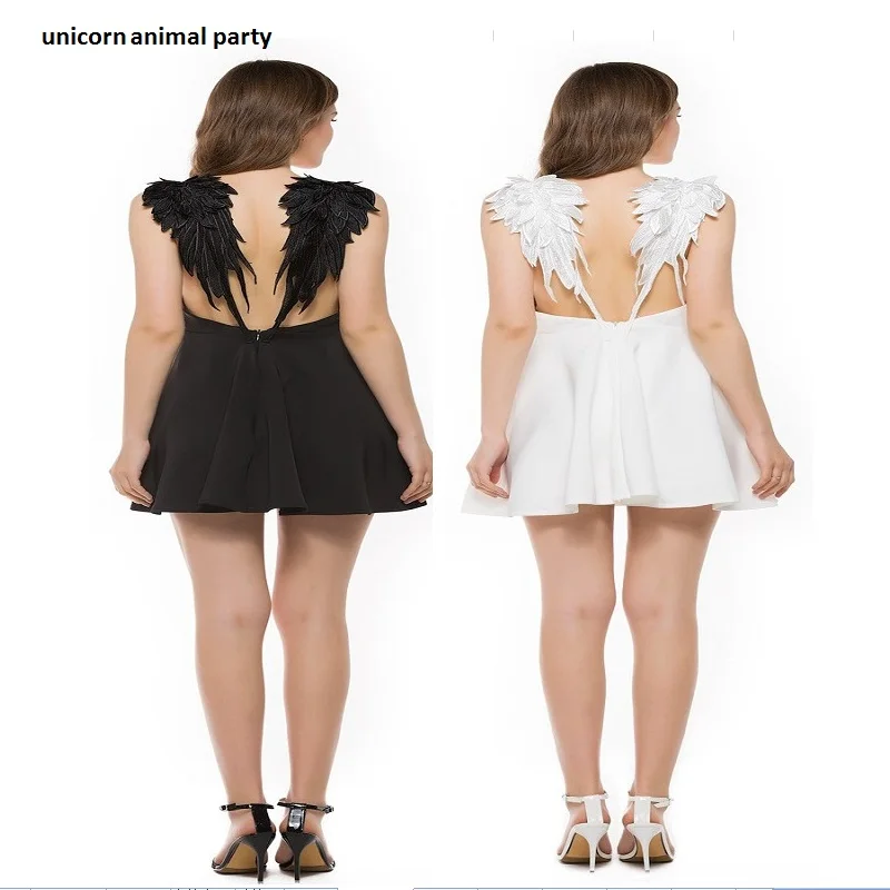 

Sexy Backless Lace Up Summer Angel girl women fashion sexy V lead angel wings beach small Black and white condole belt dress