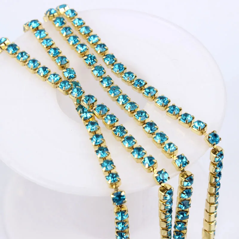 Densely Rhinestone SS6-SS12 Golden Rhinestone Cup chainMulti colors Crystal chains 3/5yards for Garment Bags Nail DIY Accessoire