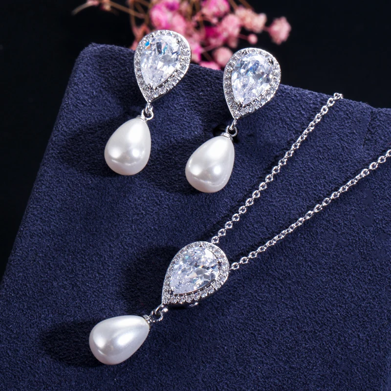 CWWZircons Brilliant Quality Cute Water Drop Cubic Zirconia Dangling Pearl Necklace Earrings Jewelry Sets for Women T156