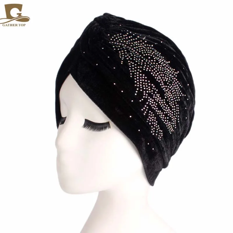 New fashion women luxury velvet turban rhinestoned ruffle turban hair cap Turbante Hat Women Hijab Headwear