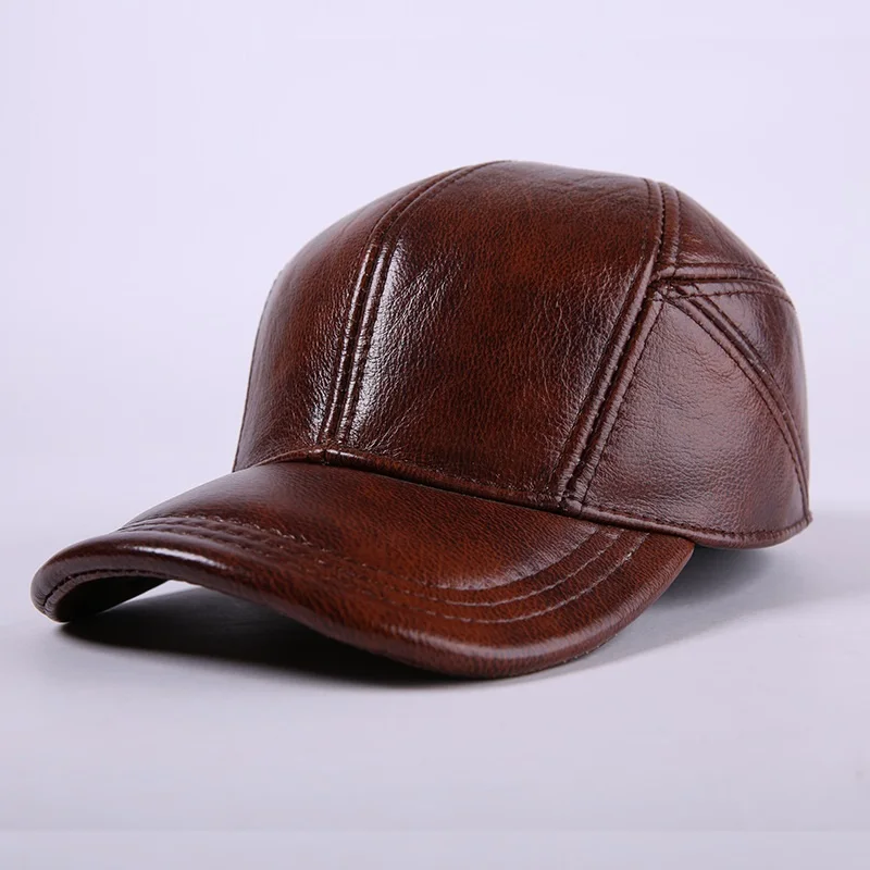 

Male Genuine Leather Hat Cowhide Baseball Cap Ear Protection Men's Leather Casual Outdoor Baseball Cap Adjustable B-7192
