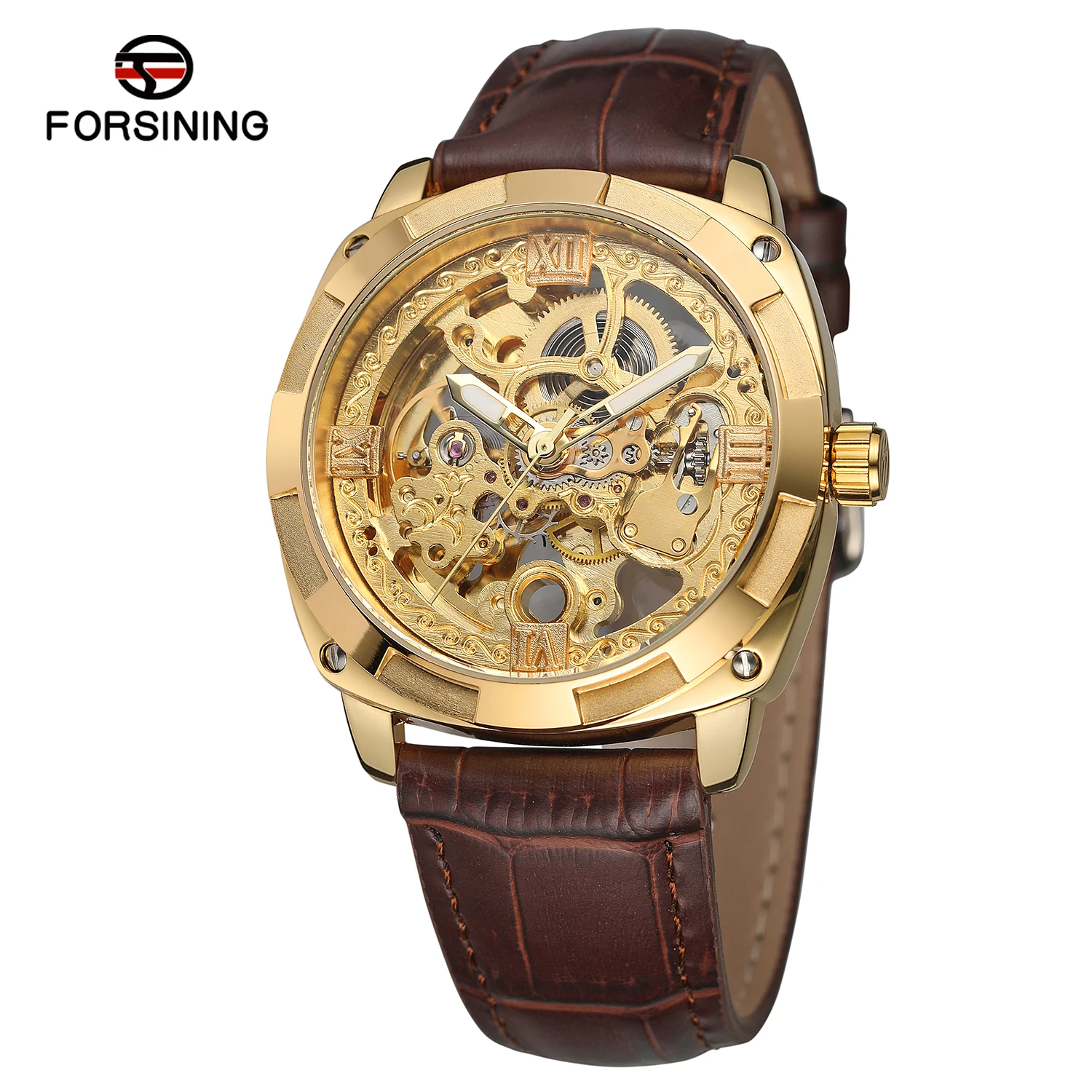 2019 Forsining Top Brand Royal Luxury Golden Flower Transparent Brown Leather Belt Creative Mens Watch Skeleton Mechanical Clock