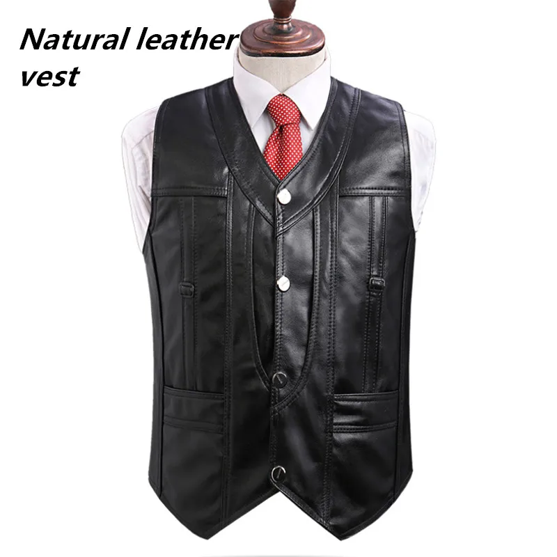 2018 High-end Brand men's leather waistcoats Large size real sheepskin vest soft black men's motorcycle jacket Free shipping