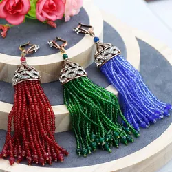 Sunspicems Bohemia Long Hook Beads Drop Earring For Women Turkish Natural Stone Tassels Earring Arabic Bride Wedding Jewelry