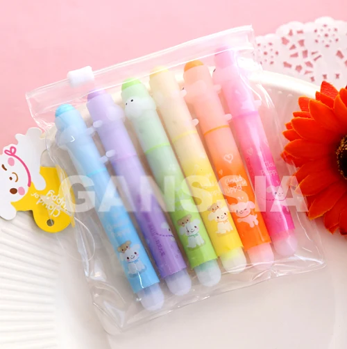 6colors/set Cute Animal Printing Highlighter Pens 6 colors Fluorescence Kawaii Pen Office Supply Stationery (ss-a970)