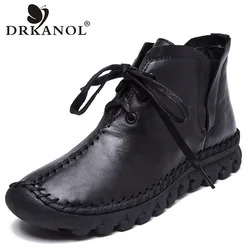 DRKANOL 2024 Winter Warm Women Boots Soft Genuine Leather Flat Ankle Boots For Women Booties Handmade Retro Leather Boots H7200