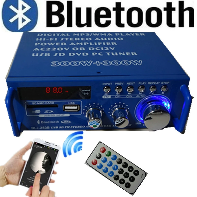 

Remote control mini Bluetooth power amplifier Single loop cycle broken memory multifunction faction AC12V DC220V 300W+300W