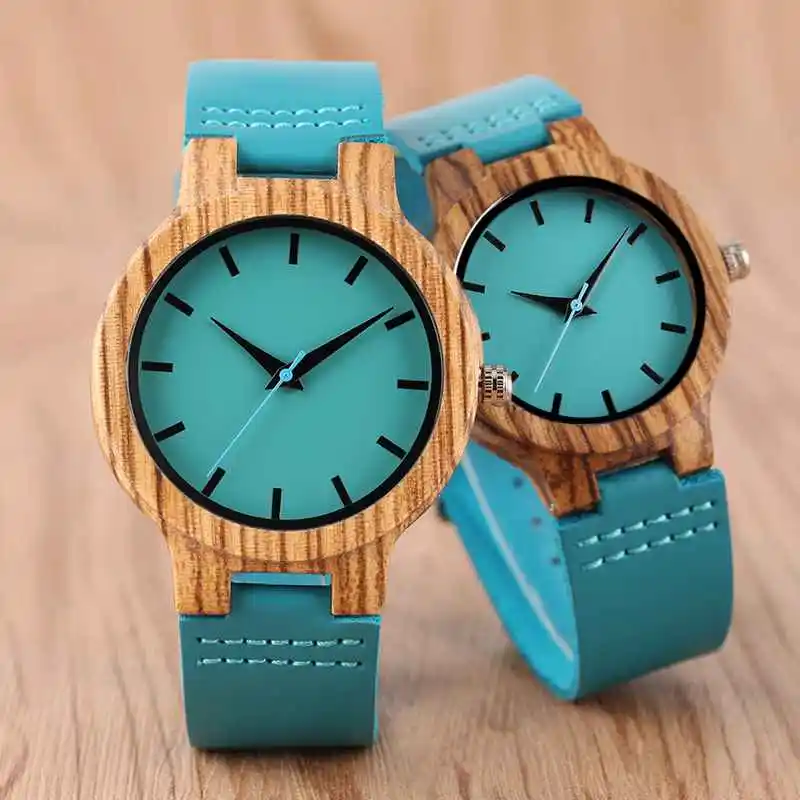 Top Luxury Royal Blue Wood Watch Quartz Wristwatch 100% Natural Bamboo Clock Fashion Leather Valentine\'s Day Best Gifts 2020 NEW