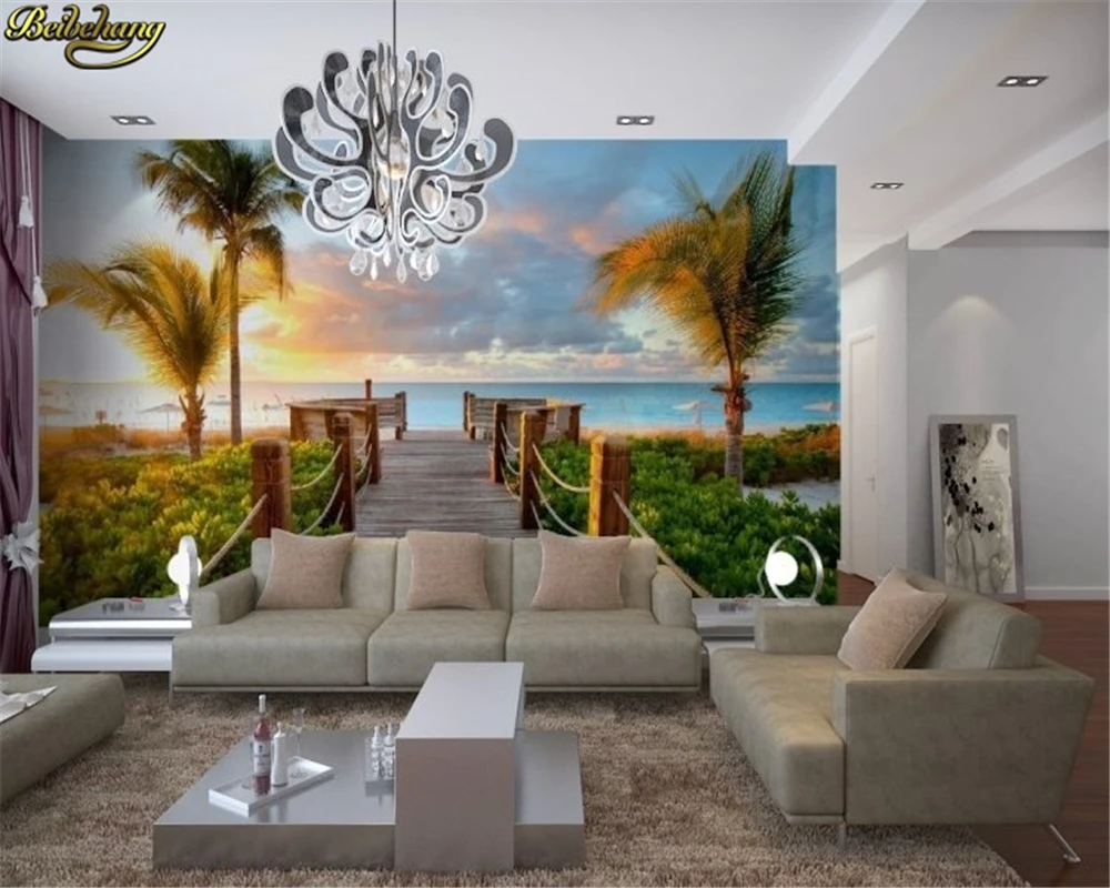 

beibehang seascape sunset home decor can customized art wall stickers Mural Wallpaper 3D marine sofa TV background modern