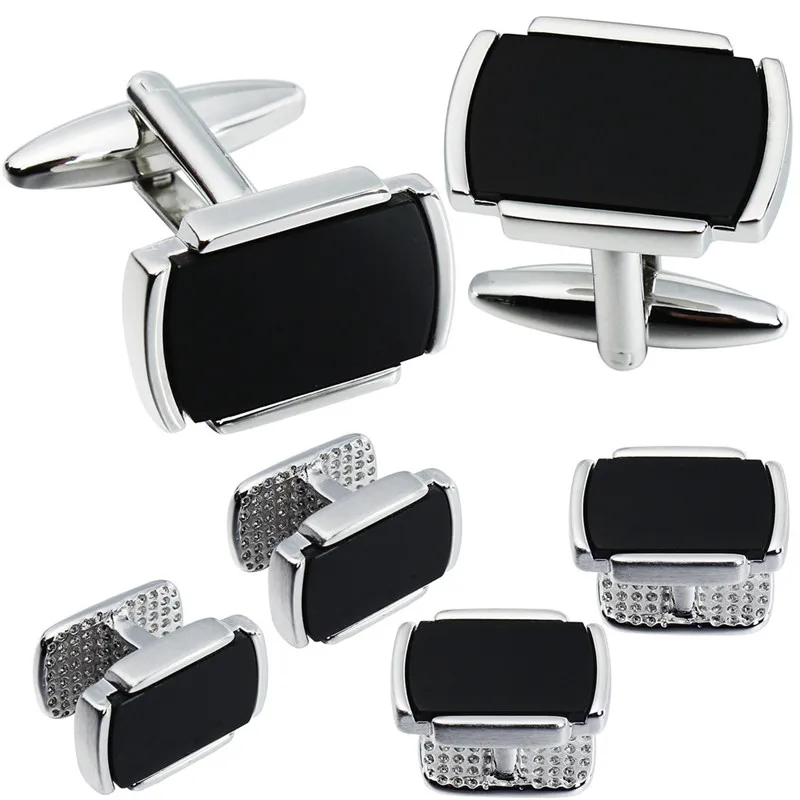 

6 PCS Set Cufflinks Collar Studs With Natural Classic Black Stone for Men Tuxedo HAWSON