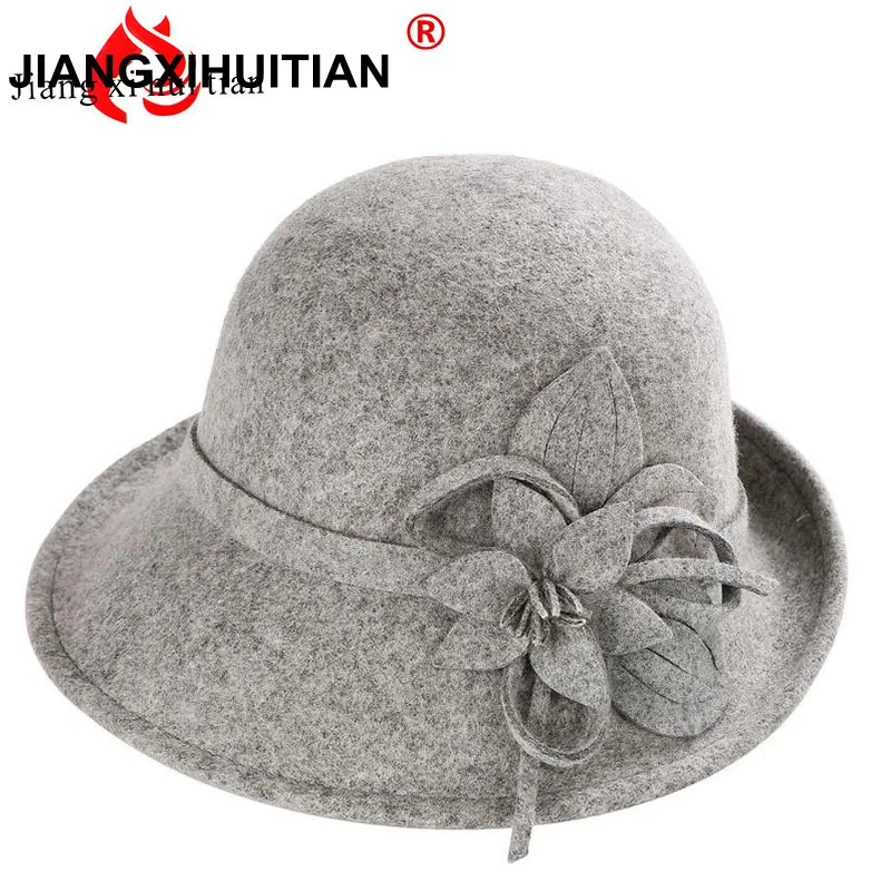 Female Winter Australia Wool Vintage Floral Womens Fedoras Felt Hats Fashion French Bowler Sombrero Fedora Wool Hat For Women