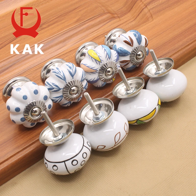 KAK 40mm Hand-painted Ceramic Drawer Knobs Porcelain Pumpkin Cabinet Knobs Cupboard Handles with base for Kids Furniture Handle