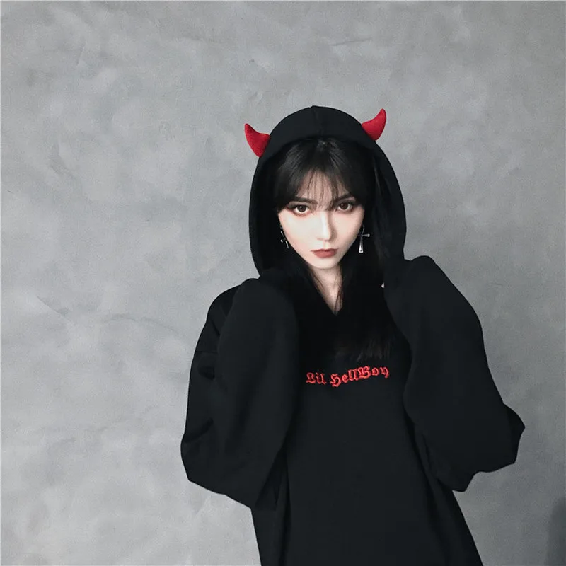 Cute Hoodies Women Punk Gothic Girls Devil Horn Chic Hooded Pullover Loose Sweatshirt Autumn Winter High Street Harajuku Hoodie