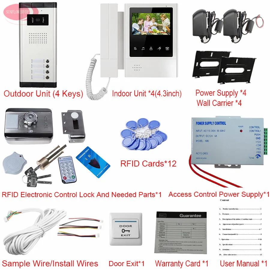 4.3 '' Videophone 5 Villas Video Intercom For a Private House Video Intercom + Rfid Door Lock Door Bell Intercom System Monitors