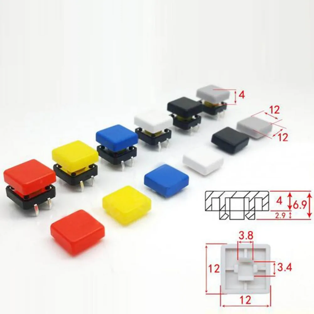 100pcs 12*12mm Push Button Switch Cap Square Button Cap  Multi Color Button Caps for 12*12mm Square Tactile Switches