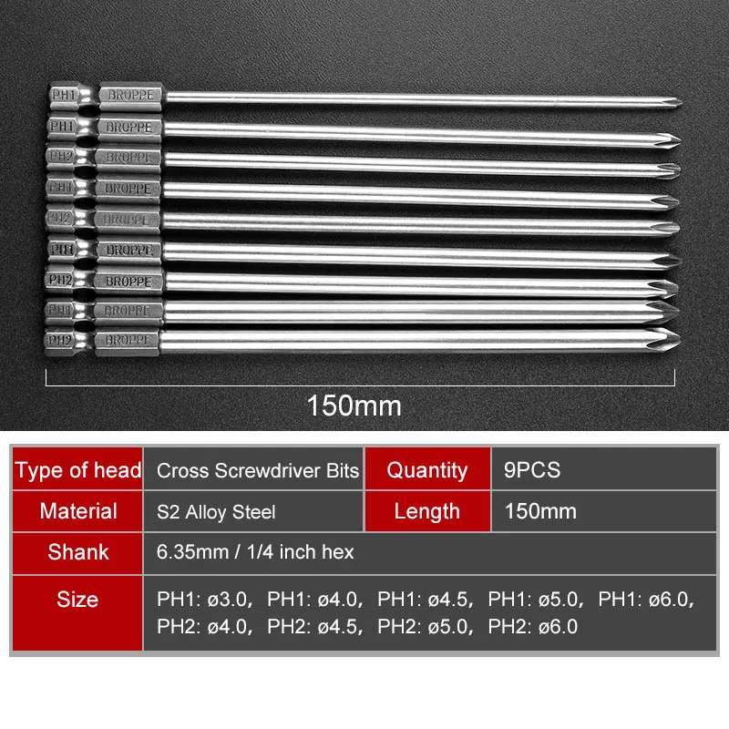 HOEN 9pcs 150mm Long Hex Screwdriver Screw Magnetic Cross Philips Screwdriver Bit Set 1/4 Inch 6.35mm Shank S2 Alloy Steel