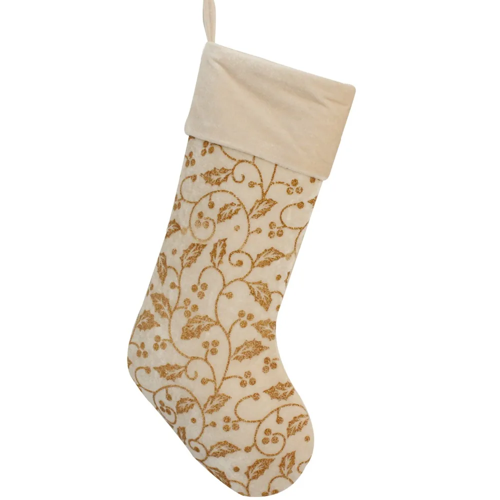 Free Shipping Glitter Sparkle BlingBling Cream Christmas stocking with Velvet Cuff Decoration Socks P4765