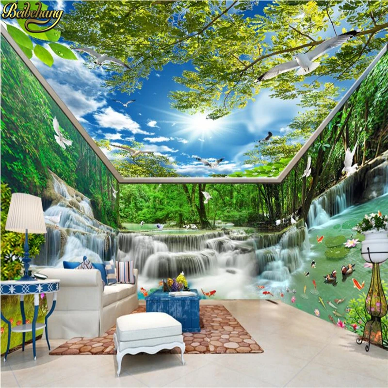 beibehang Custom Waterfall flowing forest Wallpaper for walls 3d Wall Paper Painting 3d photo Muarl Waterfall background wall