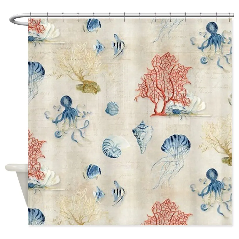 Custom Indigo Ocean Coral Octopus Shells J Decorative Fabric Shower Curtain