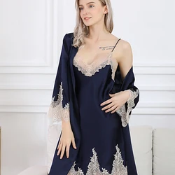 100% Natural Silk Long Women Robe & Gown Sets with Sash Lace Elegant Noble Ladies Bathrobe Robe and Sexy Nightie sp0130