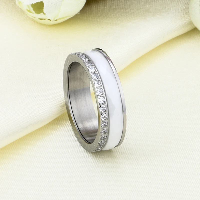 Hot Sale Half Row Rhinestone Inlaid Zircon Anniversary Ring For Women Men 6mm Stainless Steel Ceramic Rings Anniversary Jewelry