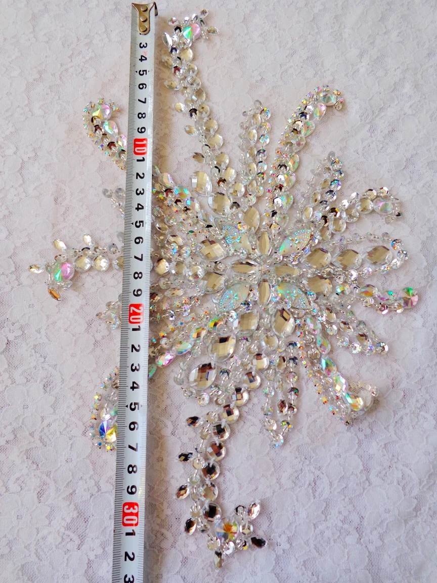 Argento/trasparente AB colore fatto a mano 32*21cm patch di paillettes di cristallo cucire su strass applique trim per accessorio abito