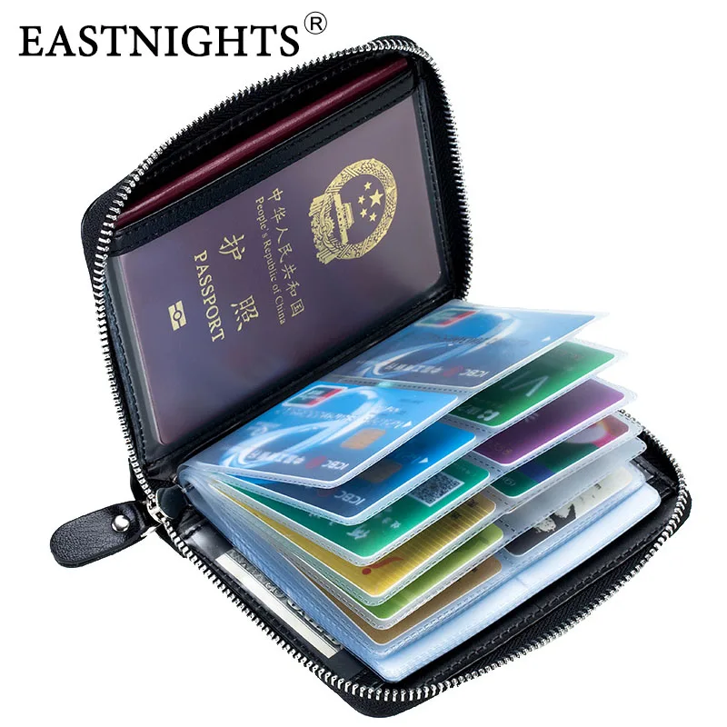 EASTNIGHTS Genuine Leather Business Card Holder Book Transparent Men Zipper Name Card Pocket Women Passport Cards Holder Case