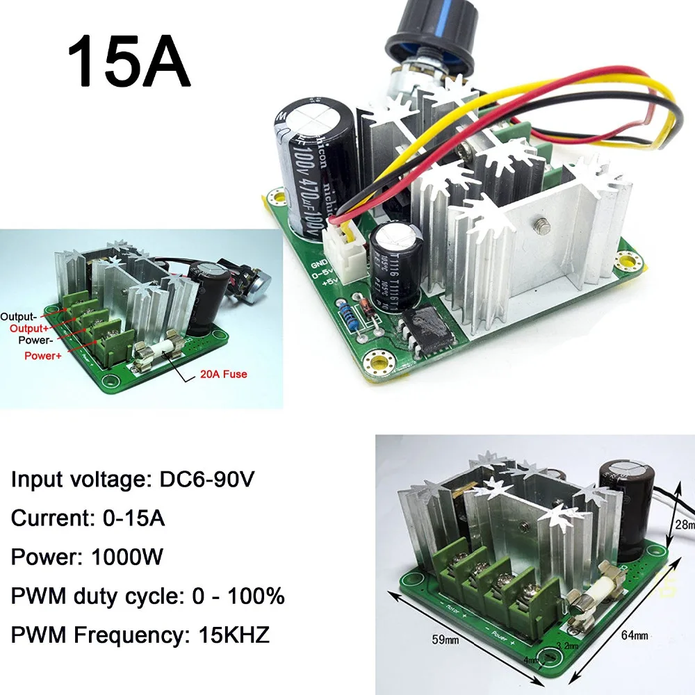 1Pc DC Motor Wide Voltage PWM High Speed 6V-90V Rated 10A Max 15A 1000W Frequency:15Khz LED Dimmer for DIY Panel LED Strip Light