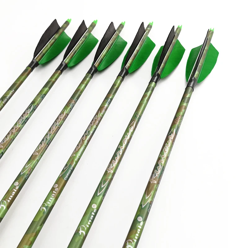 Pinals Green CAMO Spine 400 Archery Carbon Arrows 30 Inch Shaft 4'' Turkey Vanes Compound Recurve Bow Longbow Hunting Shooting