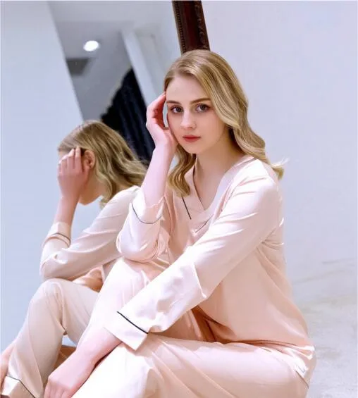 

Women's Pajamas Long Sleeves Leisure Youth Homewear Female Sleepwear Ice Silk Thin Suit Set 2 Pcs Home Clothes 2019 New J093