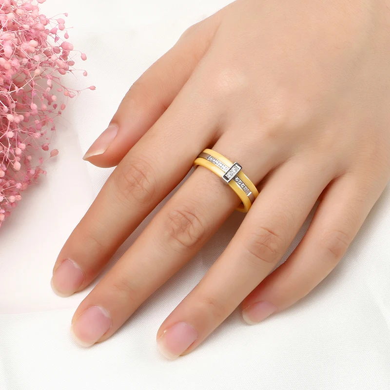 2017 New Fashion Ceramic Rings Stainless Steel & Yellow Color Simple Jewelry Ring With Bling Crystal for Women Christmas Gift