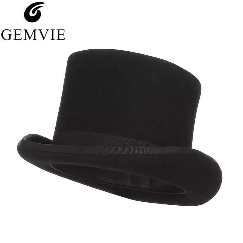 GEMVIE 13.5cm 100% Wool Felt Top Hat For Men Fedoras For Women Mad Hatter Caps Cylinder Hat Gentleman Derby Hat Magician Cap