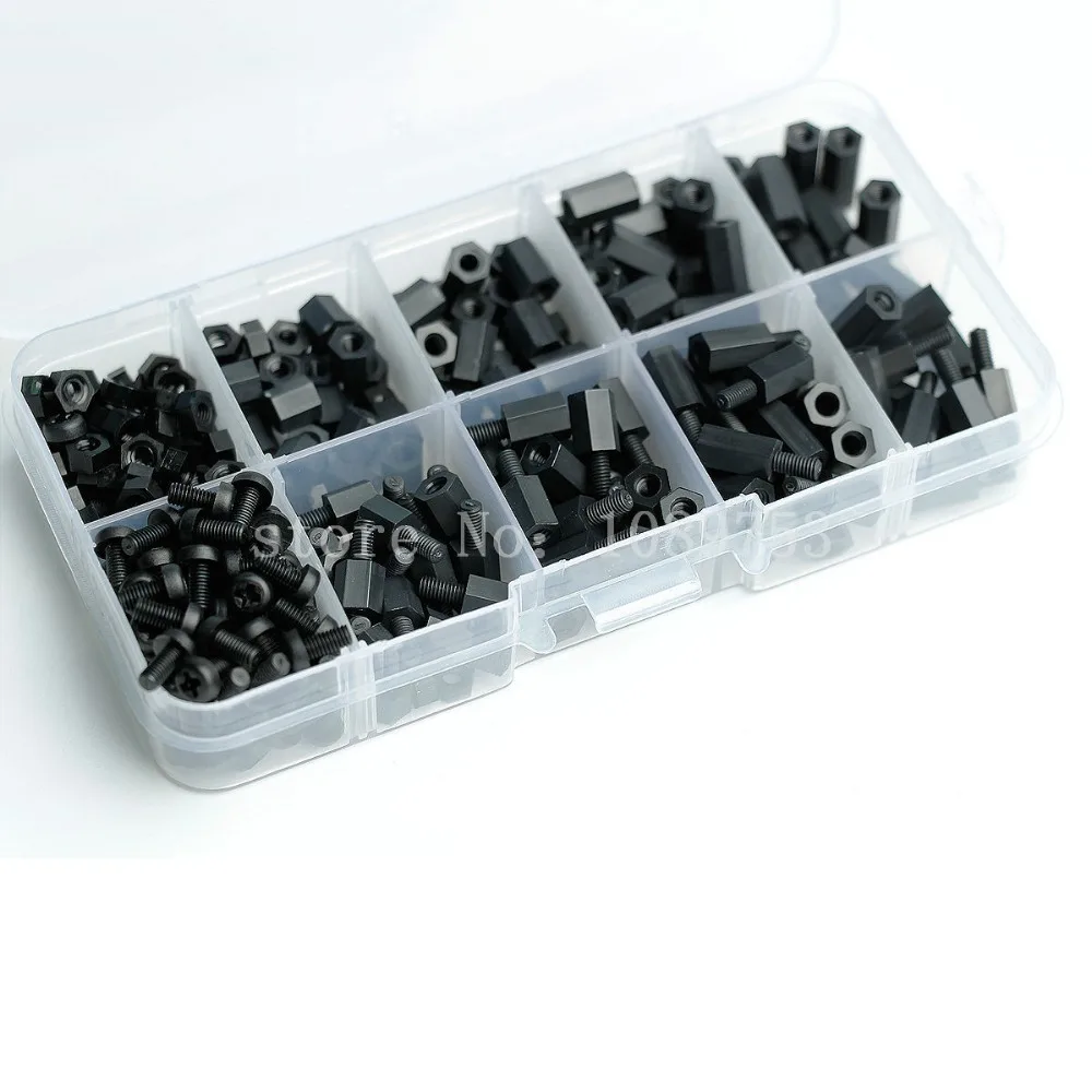 260 pcs M3 Nylon Nero M-F Distanziatori Esagonali Vite Dado Assortimento Kit Stand-off Set