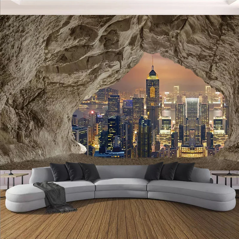 Custom Mural Wallpaper 3D Creative Cave Stone Wall City Night View Photo Poster Living Room Bedroom TV Background 3D Home Decor