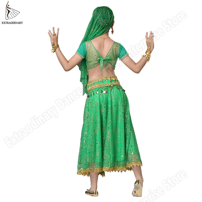 Belly Dance Costume Children Bollywood Dance Costumes Set Indian Bollywood Kids Dresses 5pcs (Headpieces Veil Top Belt Skirt)