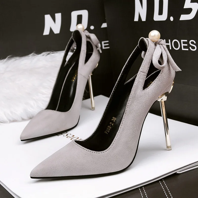 Women Pumps Flock Pointed Toe fashion mouth Hollow Bow 10CM Thin heel Fashion Dress Office Shoes