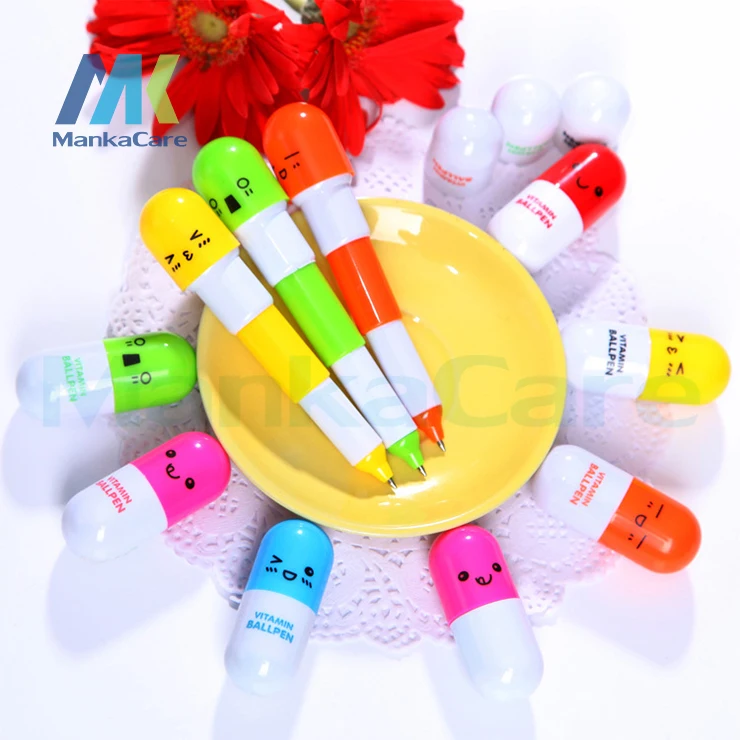 12 PCS Smiling Face Pill Ballpoint Pen Lovely Novelty Stationery Telescopic Vitamin Capsule Ball Pens dental gifts free shipping