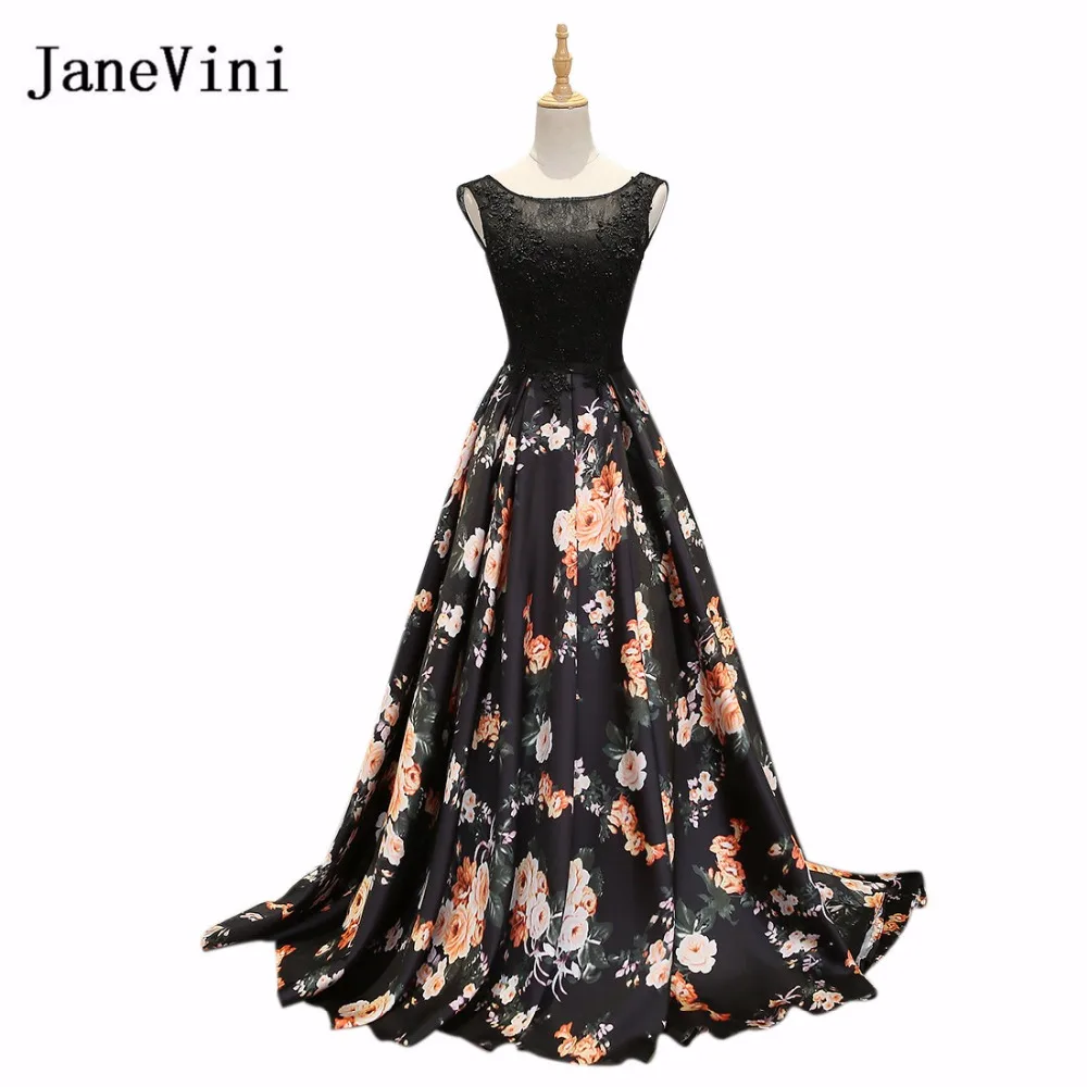 JaneVini Zwarte Bloemen Meisjes Bridemaids Jurk Lange Sweep Trein Bloemen Patroon Kralen Kant Prom Dresses Wedding Party Jurken 2019