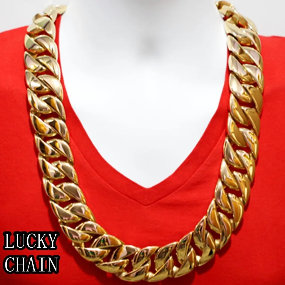 MENS GOLD PLATING NECKLACE STAINLESS STEEL CUBAN CURB LINK CHAIN NECKLACE SUPER HEAVY 28INCH 31MM WIDE